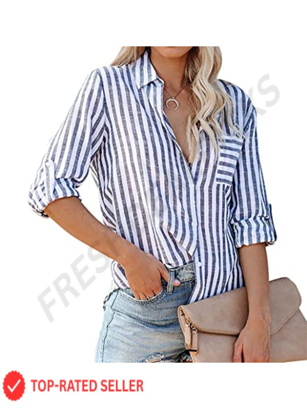 Women's Cotton Button Down Long Sleeve Roll Up Striped Casual Shirt Blouse